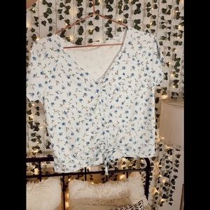 cute white and blue floral drawstring top!
